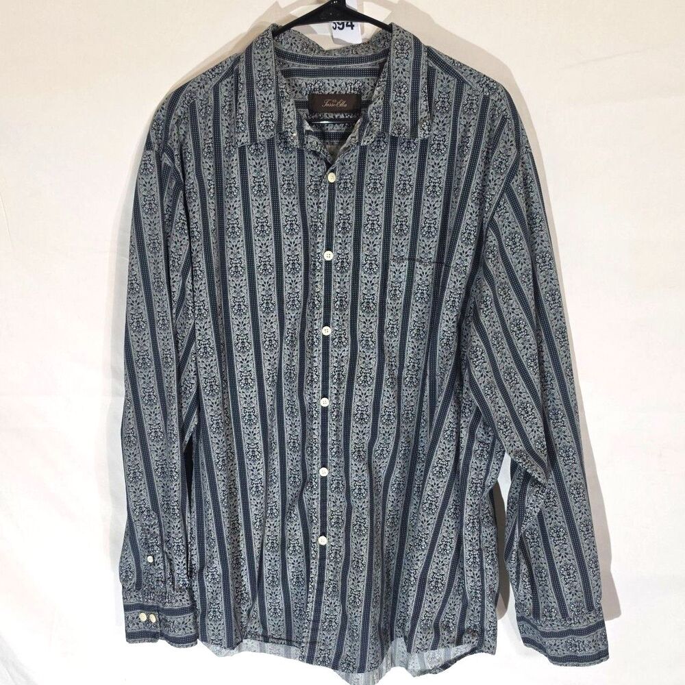 #0394 Tasso Elba Cotton Mens Blue Paisley Stripe Long Sleeve Button-Up Shirt XXL